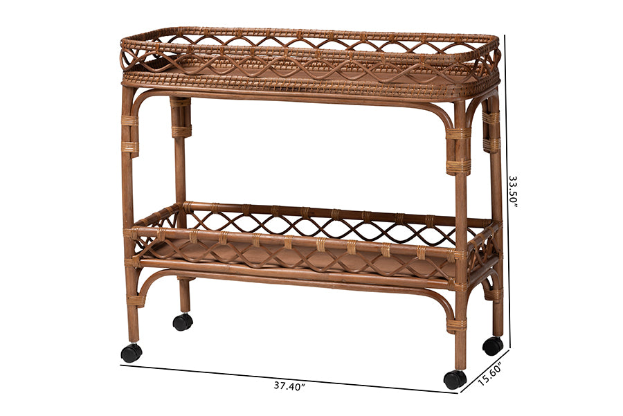 bali & pari Fumiyo Natural Rattan Kitchen Cart - Handwoven Wicker Two-Tier Serving Cart with Raised Openwork Borders and Wheels
