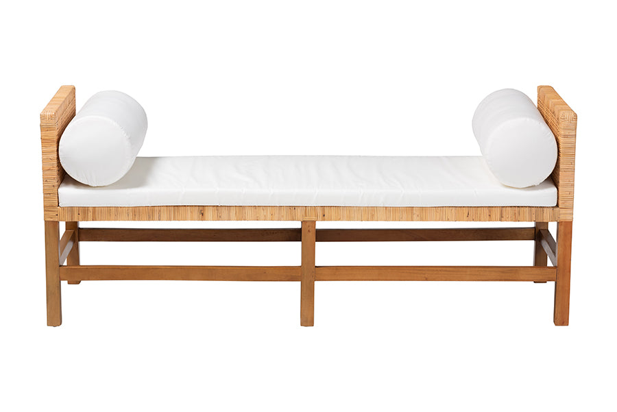 bali & pari Vivan Natural Rattan Bench - Handwoven Wicker Accent Seating with Cushion and Pillows, Backless
