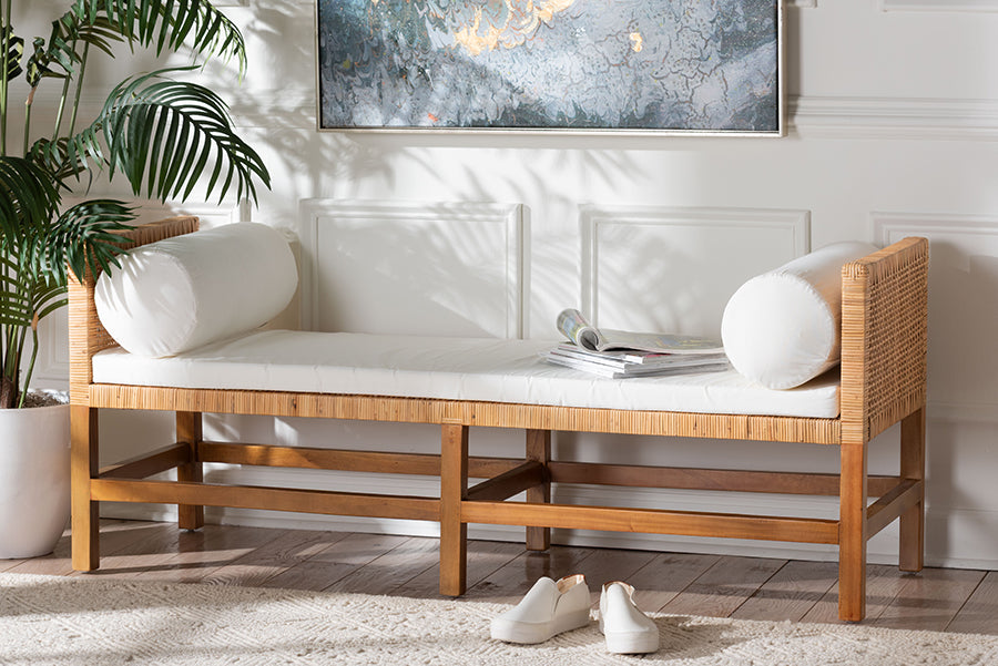 bali & pari Vivan Natural Rattan Bench - Handwoven Wicker Accent Seating with Cushion and Pillows, Backless