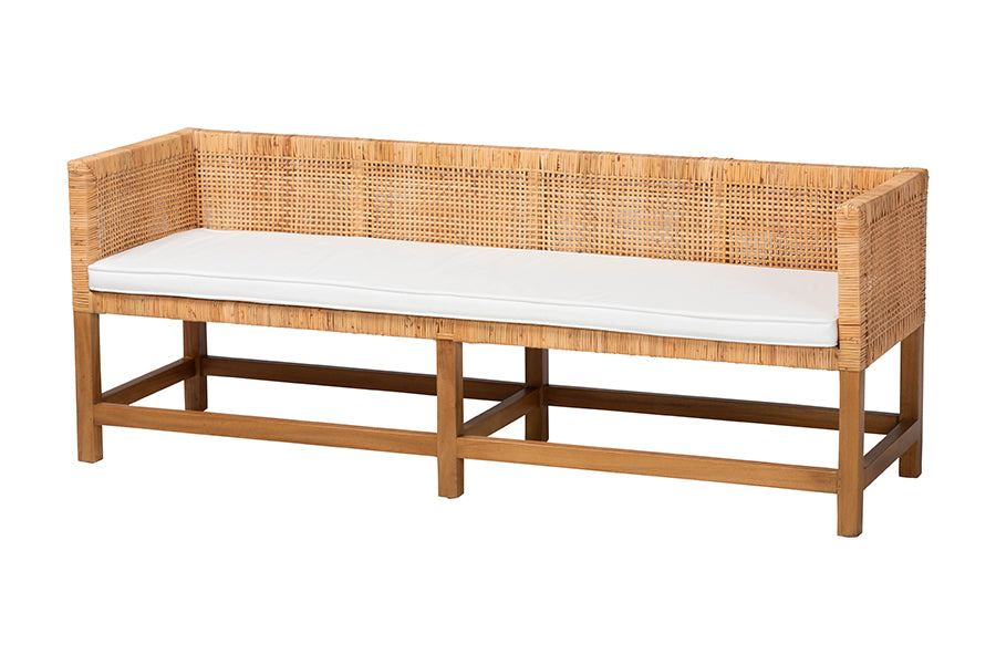 bali & pari Vivan Natural Rattan Bench - Handwoven Wicker Accent Seating with Cushion and Backrest