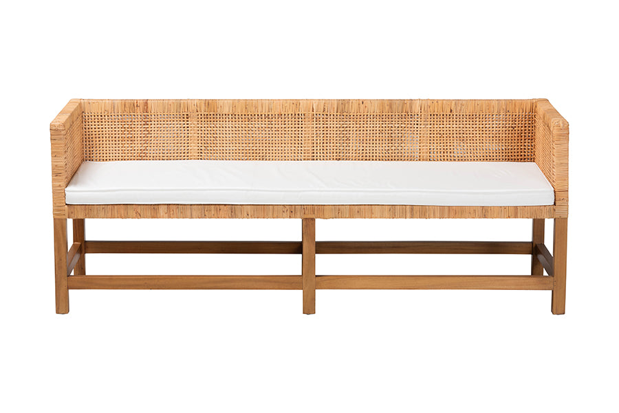 bali & pari Vivan Natural Rattan Bench - Handwoven Wicker Accent Seating with Cushion and Backrest