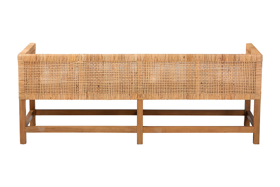 bali & pari Vivan Natural Rattan Bench - Handwoven Wicker Accent Seating with Cushion and Backrest