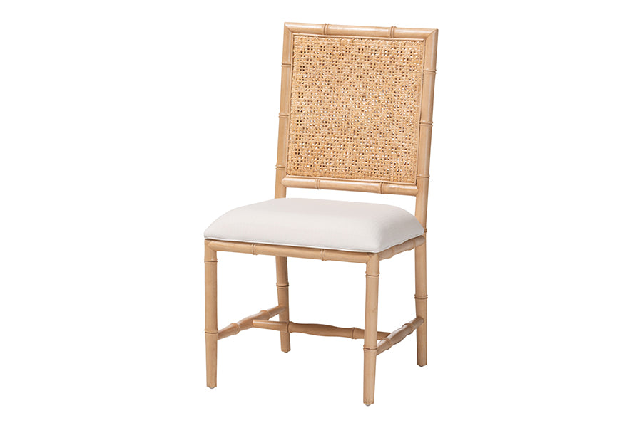 bali & pari Sandy Dining Chair - Crafted Wood and Natural Rattan Side Chair with Bamboo Motif and Upholstered Seat