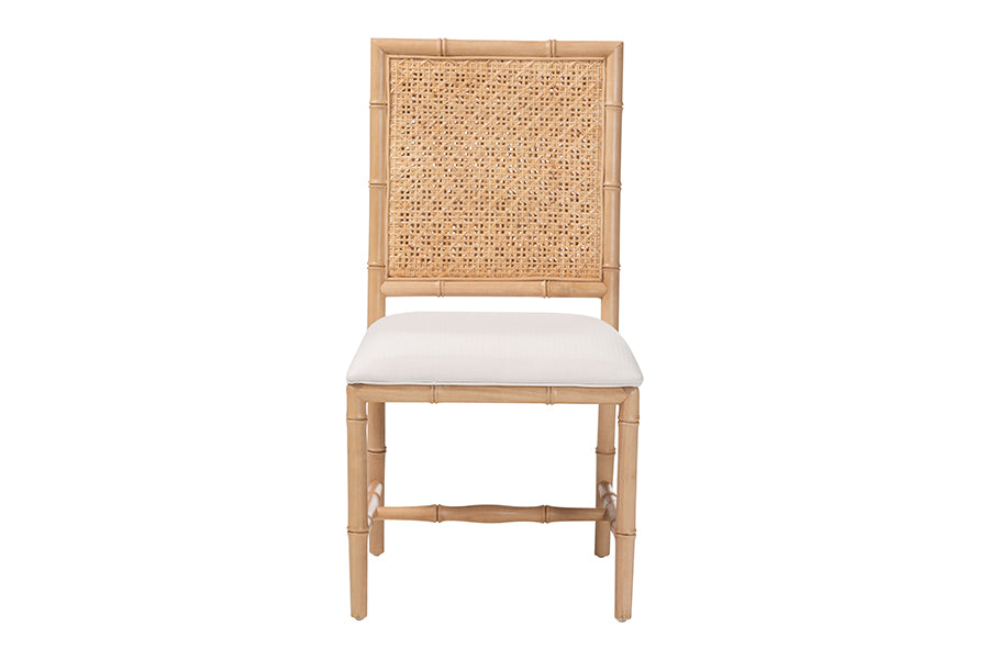 bali & pari Sandy Dining Chair - Crafted Wood and Natural Rattan Side Chair with Bamboo Motif and Upholstered Seat
