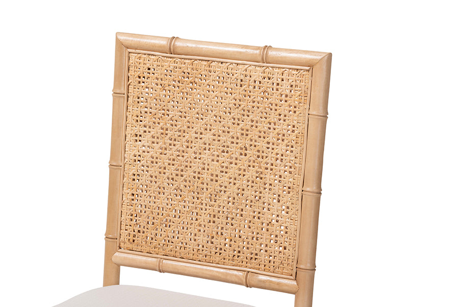 bali & pari Sandy Dining Chair - Crafted Wood and Natural Rattan Side Chair with Bamboo Motif and Upholstered Seat