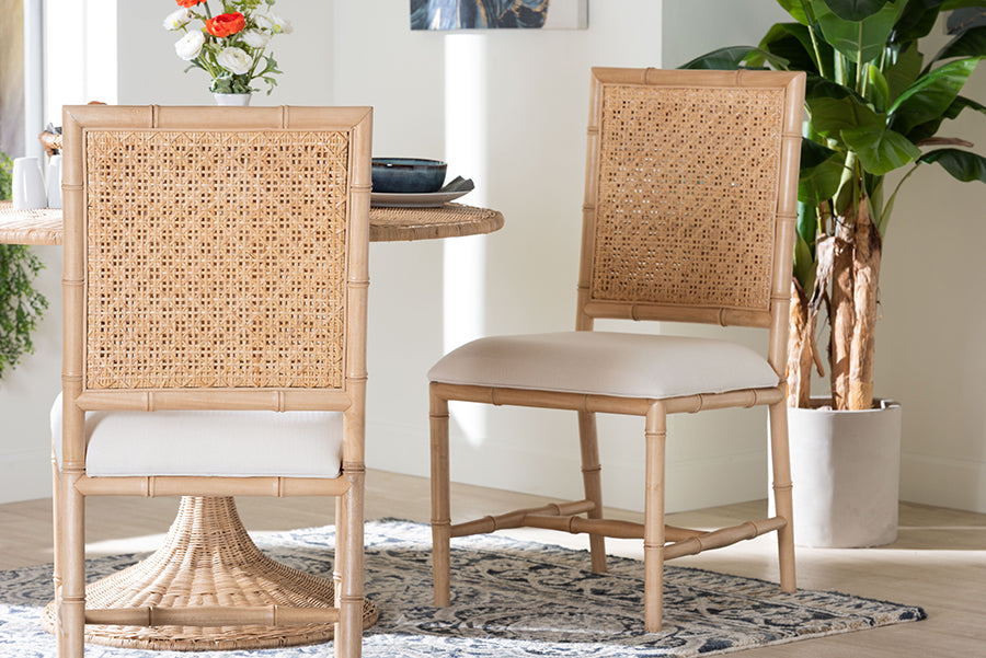bali & pari Sandy Dining Chair - Crafted Wood and Natural Rattan Side Chair with Bamboo Motif and Upholstered Seat