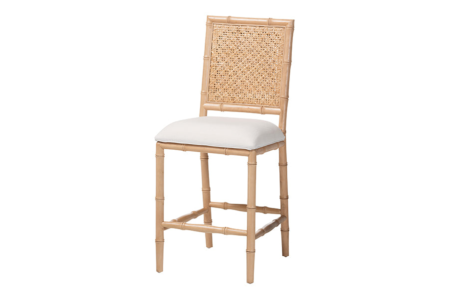 bali & pari Sandy Counter Stool - Crafted Wood and Natural Rattan Lounge Seating with Bamboo Motif and Upholstered Seat