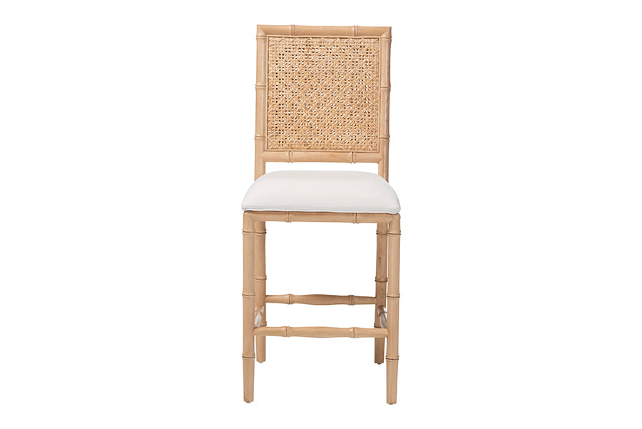 bali & pari Sandy Counter Stool - Crafted Wood and Natural Rattan Lounge Seating with Bamboo Motif and Upholstered Seat