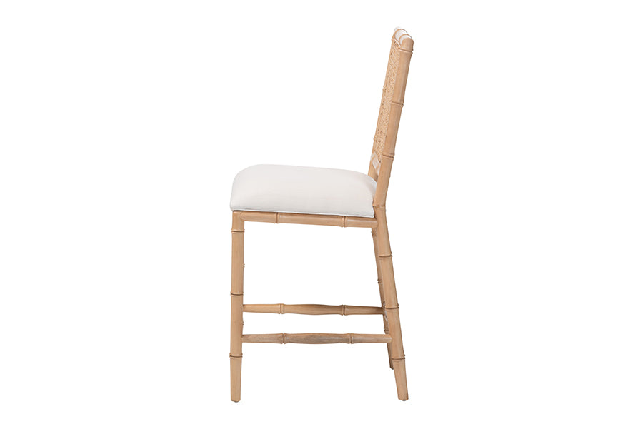 bali & pari Sandy Counter Stool - Crafted Wood and Natural Rattan Lounge Seating with Bamboo Motif and Upholstered Seat