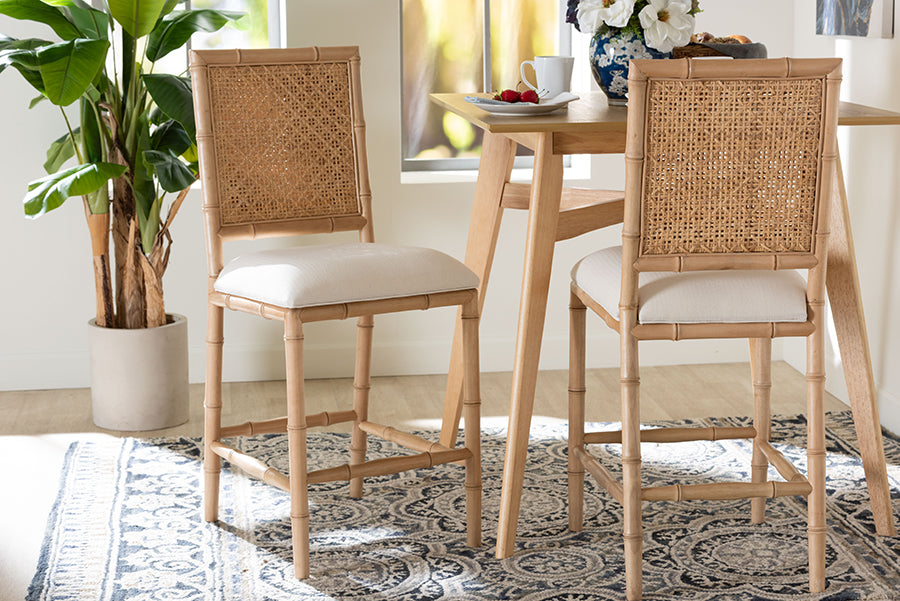 bali & pari Sandy Counter Stool - Crafted Wood and Natural Rattan Lounge Seating with Bamboo Motif and Upholstered Seat