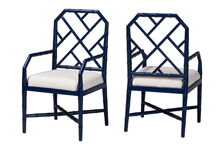 bali & pari Sergio Wood 2-Piece Dining Chair Set - Chippendale Side Chair with Bamboo Motif and Upholstered Seat Cushion, Navy Blue