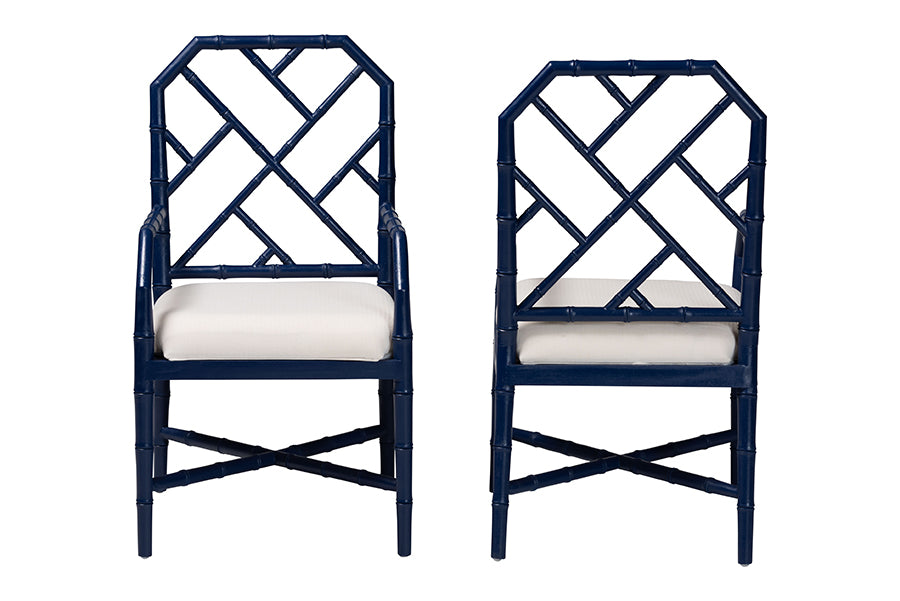 bali & pari Sergio Wood 2-Piece Dining Chair Set - Chippendale Side Chair with Bamboo Motif and Upholstered Seat Cushion, Navy Blue