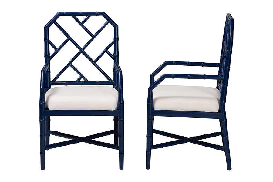 bali & pari Sergio Wood 2-Piece Dining Chair Set - Chippendale Side Chair with Bamboo Motif and Upholstered Seat Cushion, Navy Blue