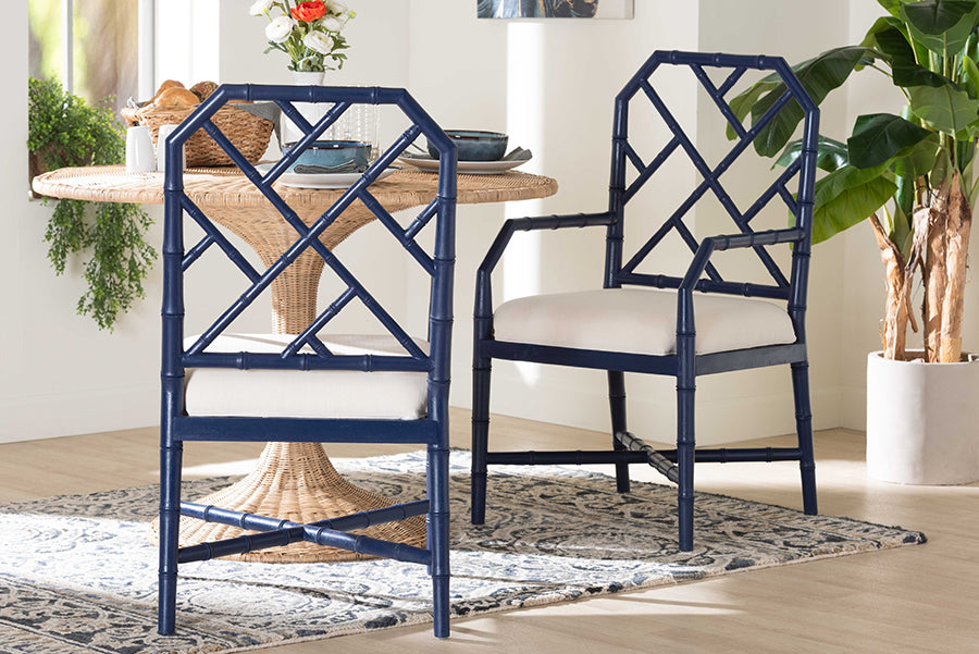bali & pari Sergio Wood 2-Piece Dining Chair Set - Chippendale Side Chair with Bamboo Motif and Upholstered Seat Cushion, Navy Blue