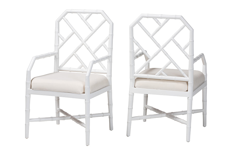 bali & pari Sergio Wood 2-Piece Dining Chair Set - Chippendale Side Chair with Bamboo Motif and Upholstered Seat Cushion, White