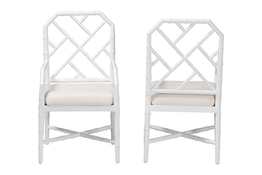bali & pari Sergio Wood 2-Piece Dining Chair Set - Chippendale Side Chair with Bamboo Motif and Upholstered Seat Cushion, White