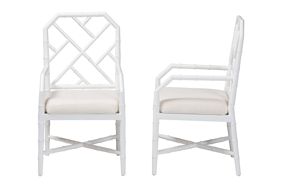 bali & pari Sergio Wood 2-Piece Dining Chair Set - Chippendale Side Chair with Bamboo Motif and Upholstered Seat Cushion, White