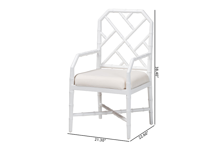 bali & pari Sergio Wood 2-Piece Dining Chair Set - Chippendale Side Chair with Bamboo Motif and Upholstered Seat Cushion, White