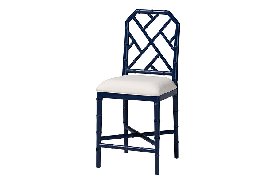bali & pari Sergio Wood Counter Stool - Chippendale Kitchen Island Seating with Bamboo Motif and Upholstered Seat Cushion, Navy Blue