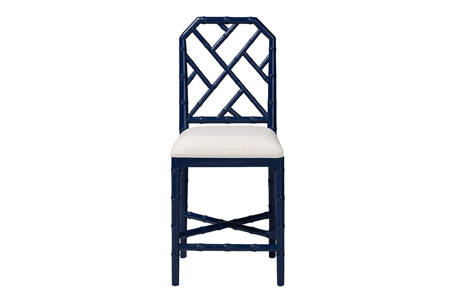 bali & pari Sergio Wood Counter Stool - Chippendale Kitchen Island Seating with Bamboo Motif and Upholstered Seat Cushion, Navy Blue