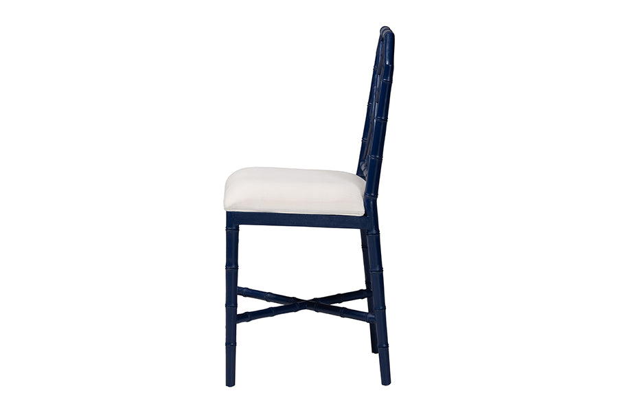 bali & pari Sergio Wood Counter Stool - Chippendale Kitchen Island Seating with Bamboo Motif and Upholstered Seat Cushion, Navy Blue