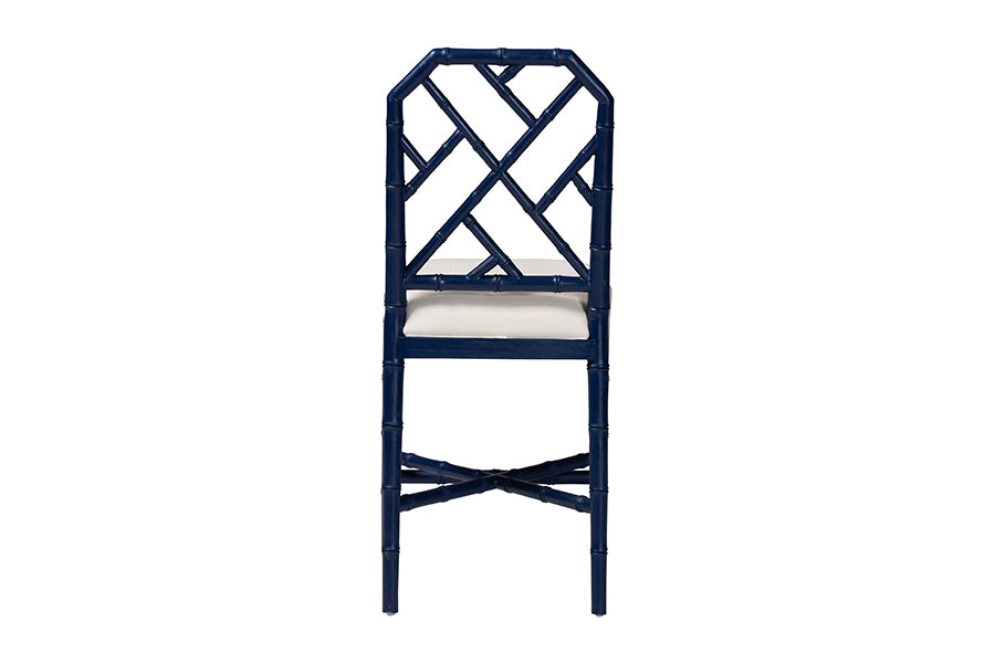 bali & pari Sergio Wood Counter Stool - Chippendale Kitchen Island Seating with Bamboo Motif and Upholstered Seat Cushion, Navy Blue