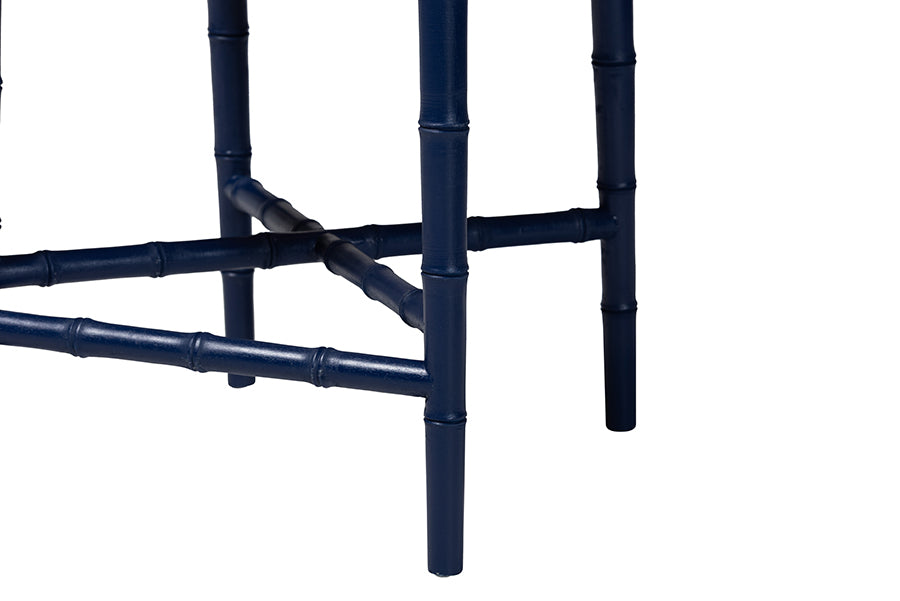 bali & pari Sergio Wood Counter Stool - Chippendale Kitchen Island Seating with Bamboo Motif and Upholstered Seat Cushion, Navy Blue