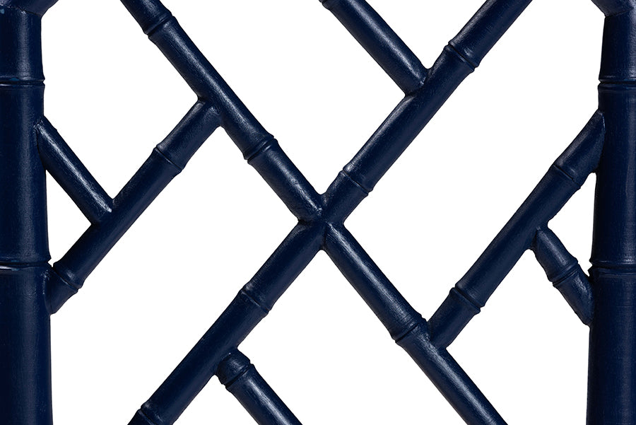 bali & pari Sergio Wood Counter Stool - Chippendale Kitchen Island Seating with Bamboo Motif and Upholstered Seat Cushion, Navy Blue