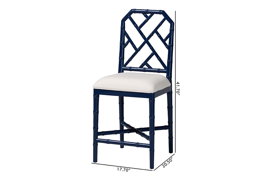 bali & pari Sergio Wood Counter Stool - Chippendale Kitchen Island Seating with Bamboo Motif and Upholstered Seat Cushion, Navy Blue