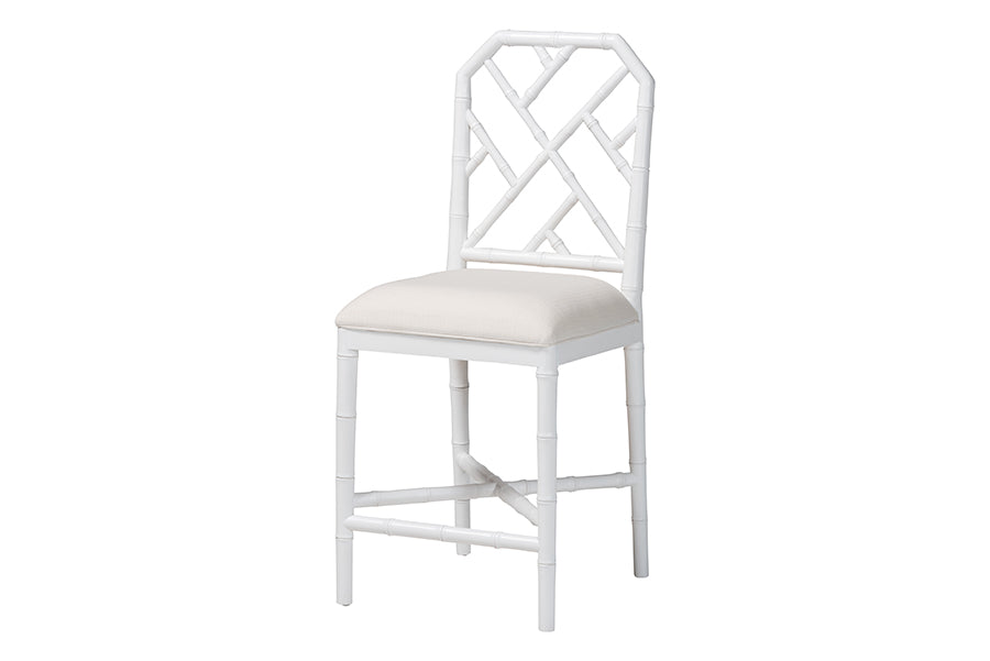 bali & pari Sergio Wood Counter Stool - Chippendale Kitchen Island Seating with Bamboo Motif and Upholstered Seat Cushion, White
