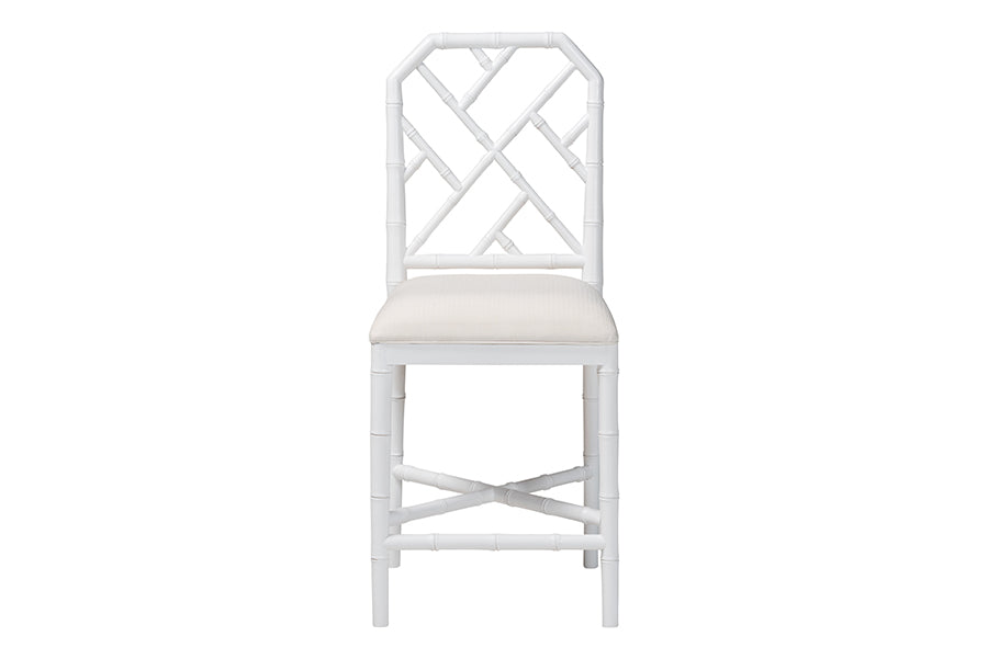 bali & pari Sergio Wood Counter Stool - Chippendale Kitchen Island Seating with Bamboo Motif and Upholstered Seat Cushion, White