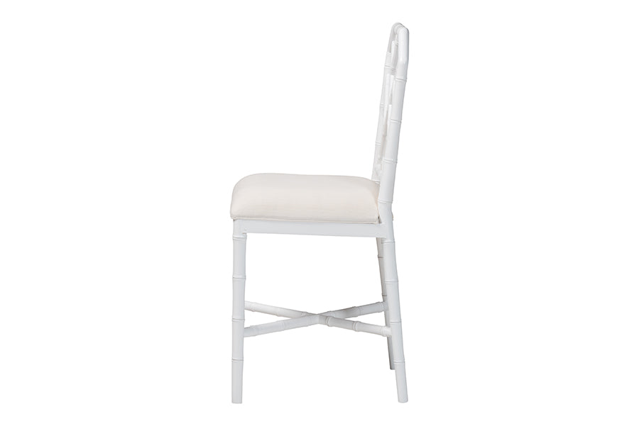 bali & pari Sergio Wood Counter Stool - Chippendale Kitchen Island Seating with Bamboo Motif and Upholstered Seat Cushion, White