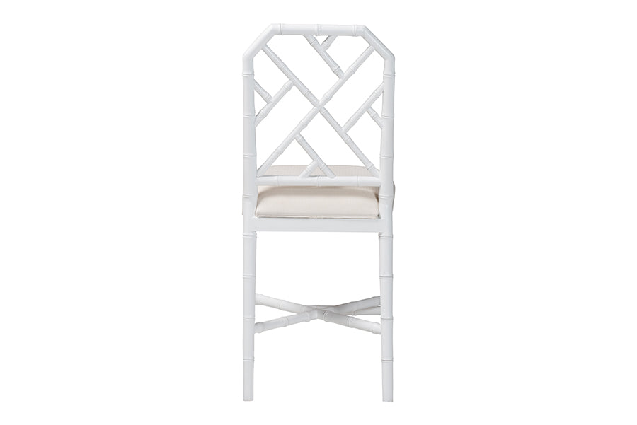 bali & pari Sergio Wood Counter Stool - Chippendale Kitchen Island Seating with Bamboo Motif and Upholstered Seat Cushion, White