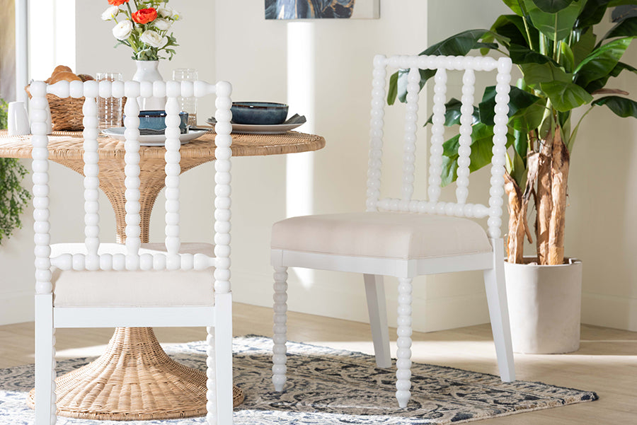 bali & pari Deya Bobbin Dining Chair - Wood Side Chair with Upholstered Seat and Spindle Backrest, White