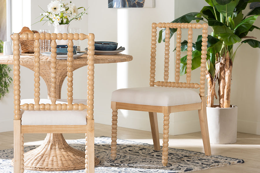 bali & pari Deya Bobbin Dining Chair - Wood Side Chair with Upholstered Seat and Spindle Backrest, Natural Brown