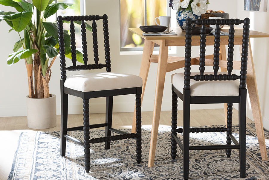 bali & pari Deya Bobbin Counter Stool - Sculptural Wood Kitchen Seating with Upholstered Seat and Spindle Back, Black