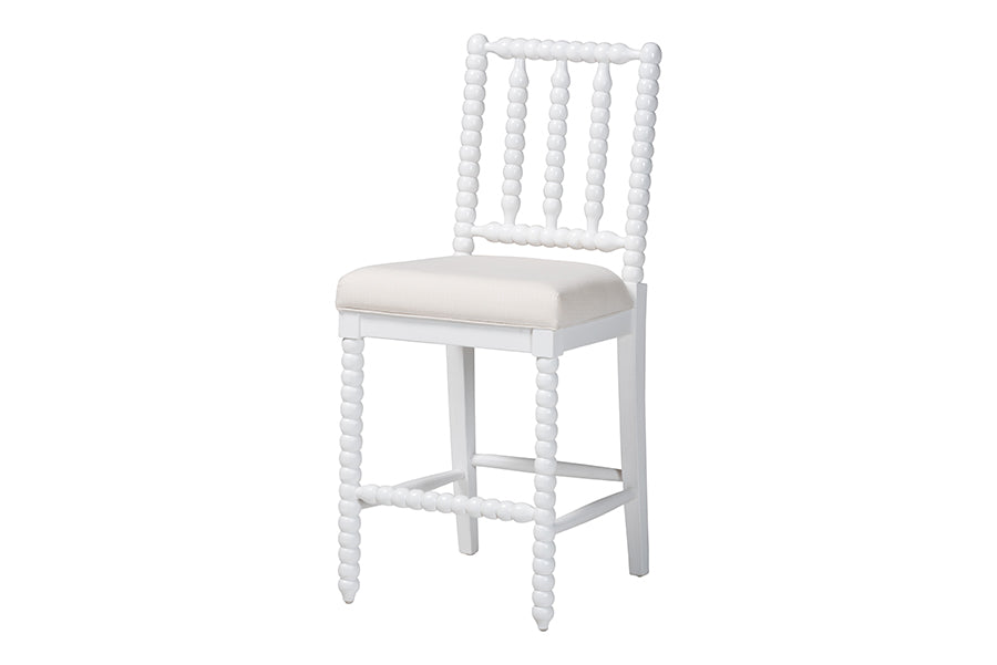 bali & pari Deya Bobbin Counter Stool - Sculptural Wood Kitchen Seating with Upholstered Seat and Spindle Back, White