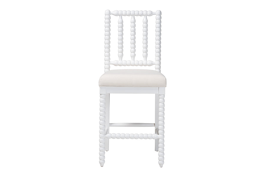 bali & pari Deya Bobbin Counter Stool - Sculptural Wood Kitchen Seating with Upholstered Seat and Spindle Back, White