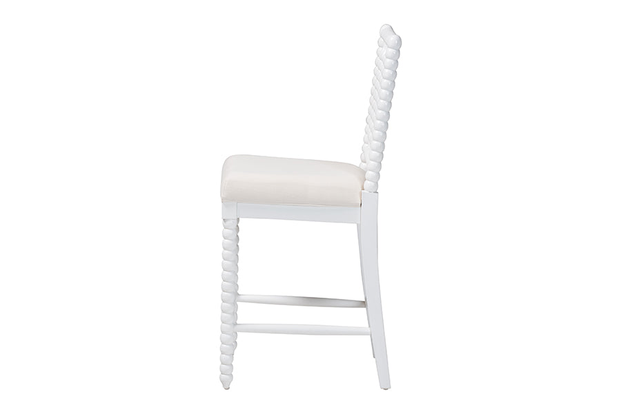 bali & pari Deya Bobbin Counter Stool - Sculptural Wood Kitchen Seating with Upholstered Seat and Spindle Back, White