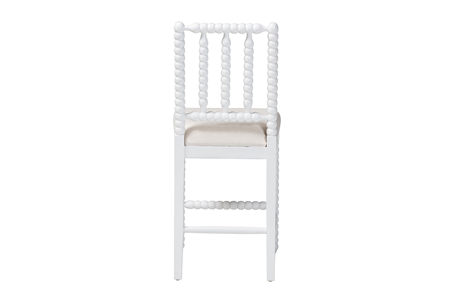 bali & pari Deya Bobbin Counter Stool - Sculptural Wood Kitchen Seating with Upholstered Seat and Spindle Back, White