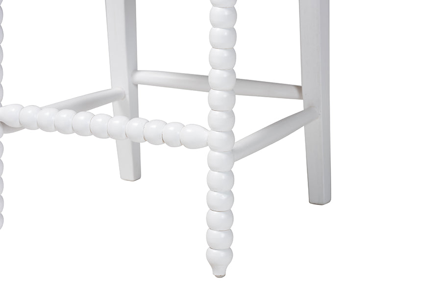 bali & pari Deya Bobbin Counter Stool - Sculptural Wood Kitchen Seating with Upholstered Seat and Spindle Back, White