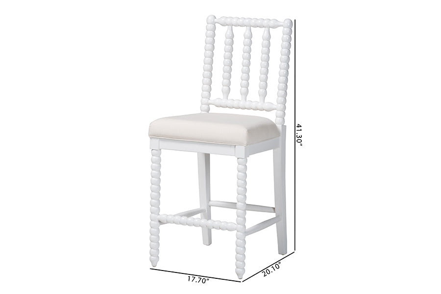 bali & pari Deya Bobbin Counter Stool - Sculptural Wood Kitchen Seating with Upholstered Seat and Spindle Back, White