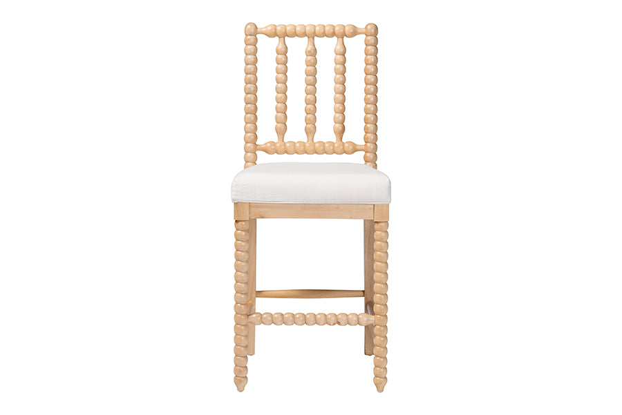 bali & pari Deya Bobbin Counter Stool - Sculptural Wood Kitchen Seating with Upholstered Seat and Spindle Back, Natural Brown