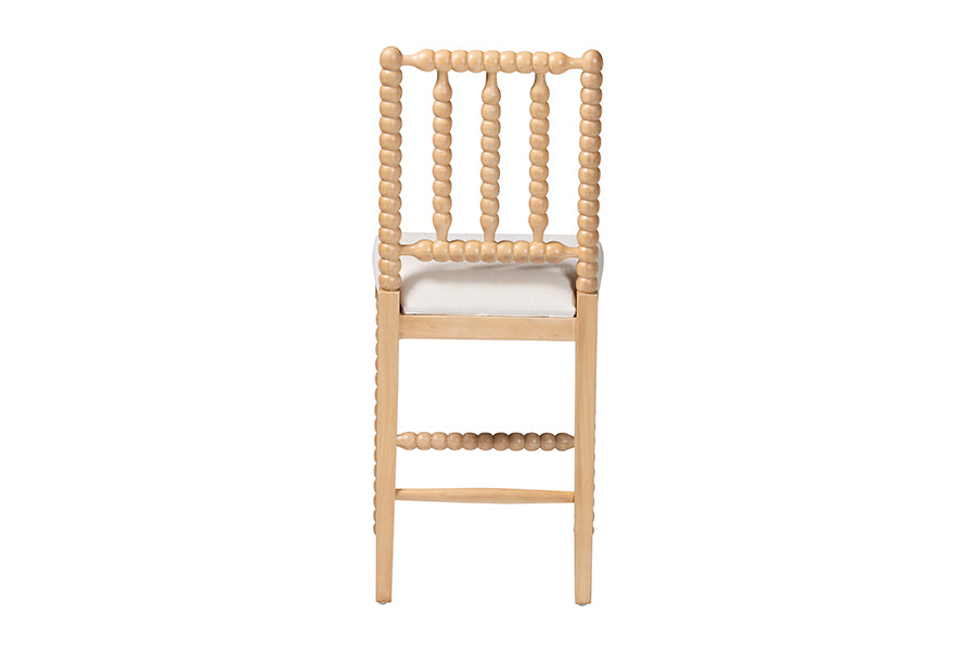 bali & pari Deya Bobbin Counter Stool - Sculptural Wood Kitchen Seating with Upholstered Seat and Spindle Back, Natural Brown