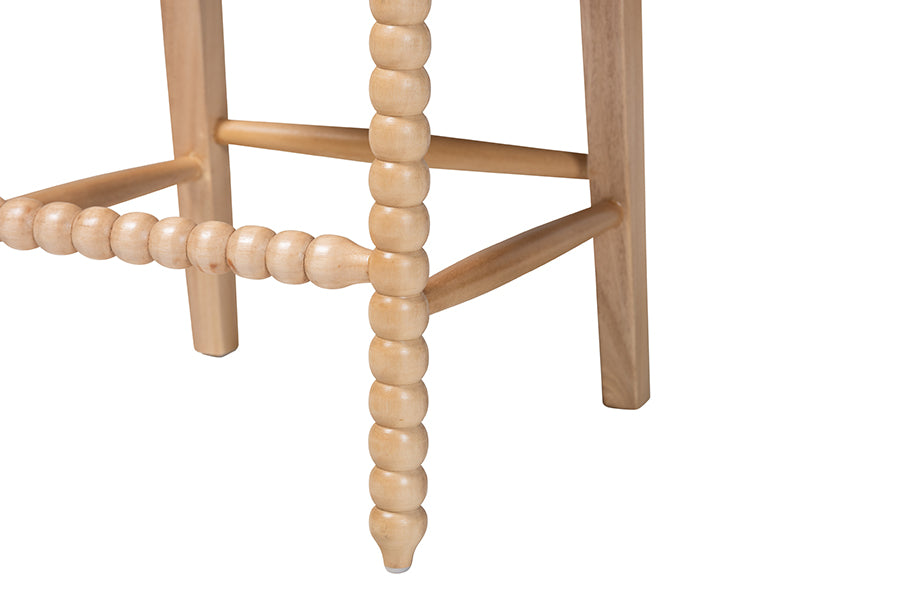 bali & pari Deya Bobbin Counter Stool - Sculptural Wood Kitchen Seating with Upholstered Seat and Spindle Back, Natural Brown