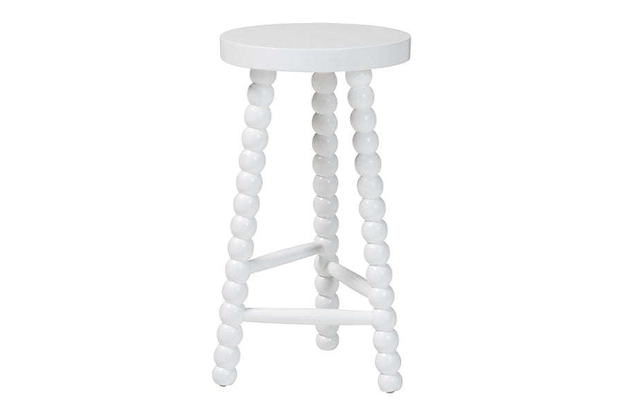 bali & pari David Acacia Wood Bobbin Counter Stool - Sculptural Backless Accent Stool for Kitchen Island or Lounge with Footrest, White