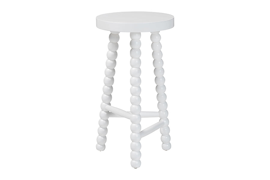 bali & pari David Acacia Wood Bobbin Counter Stool - Sculptural Backless Accent Stool for Kitchen Island or Lounge with Footrest, White