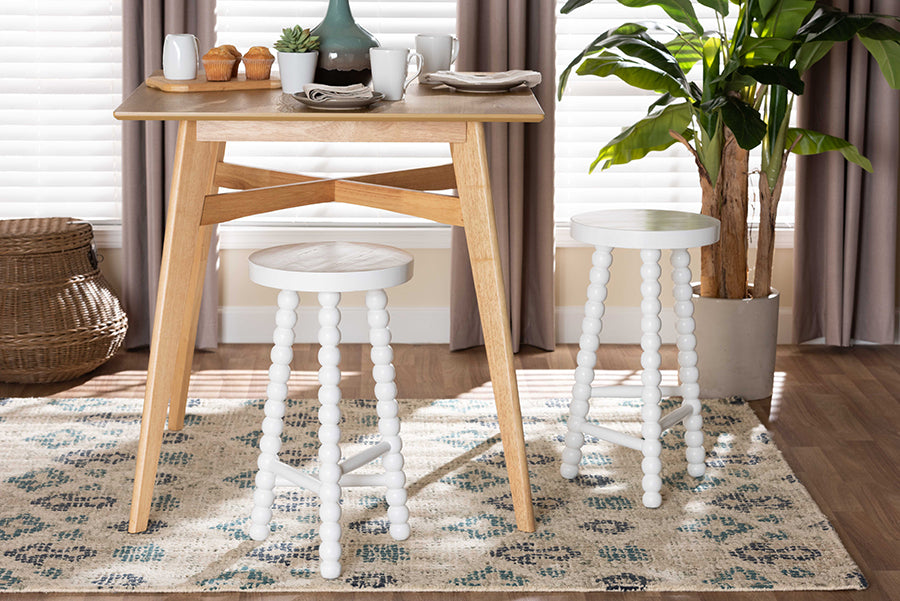 bali & pari David Acacia Wood Bobbin Counter Stool - Sculptural Backless Accent Stool for Kitchen Island or Lounge with Footrest, White