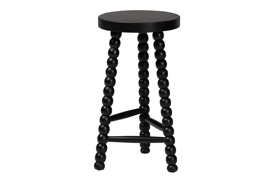bali & pari David Acacia Wood Bobbin Counter Stool - Sculptural Backless Accent Stool for Kitchen Island or Lounge with Footrest, Black