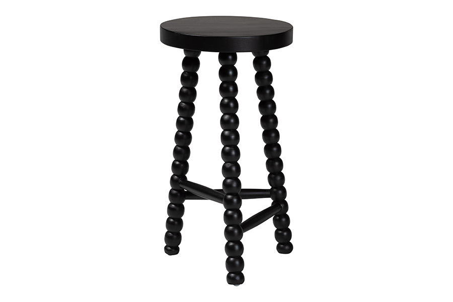 bali & pari David Acacia Wood Bobbin Counter Stool - Sculptural Backless Accent Stool for Kitchen Island or Lounge with Footrest, Black